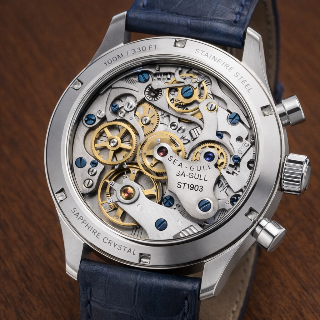 The Kelsus Chronograph — exhibition caseback showing Sea Gull 1903 movement