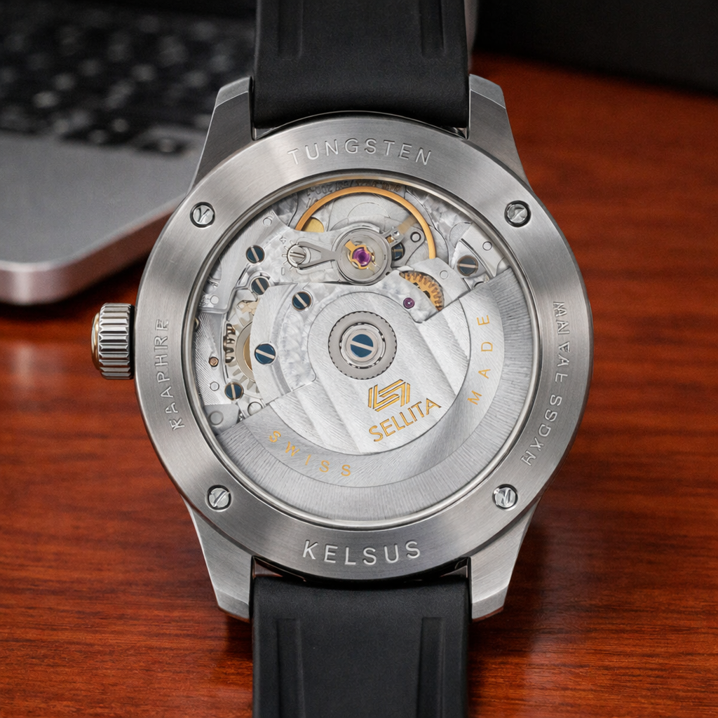 The Tungsten Semikonductor — exhibition caseback showing Sellita SW280-1 movement